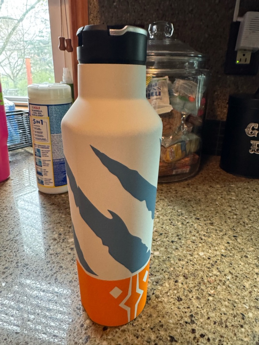 Corkcicle White Water Bottle with Blue Graphic and Orange Base